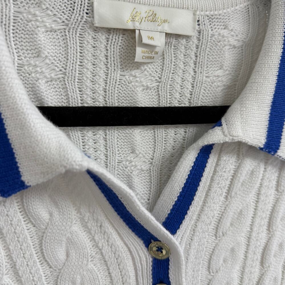 Lilly Pulitzer Suzette Short Sleeve Polo Sweater White Martinique Blue Medium - Picture 5 of 8